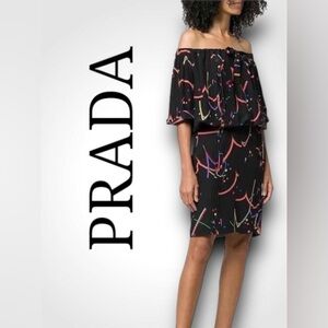 : : PRADA Silk Off Shoulder Multicolor Fun Print Dress : :​